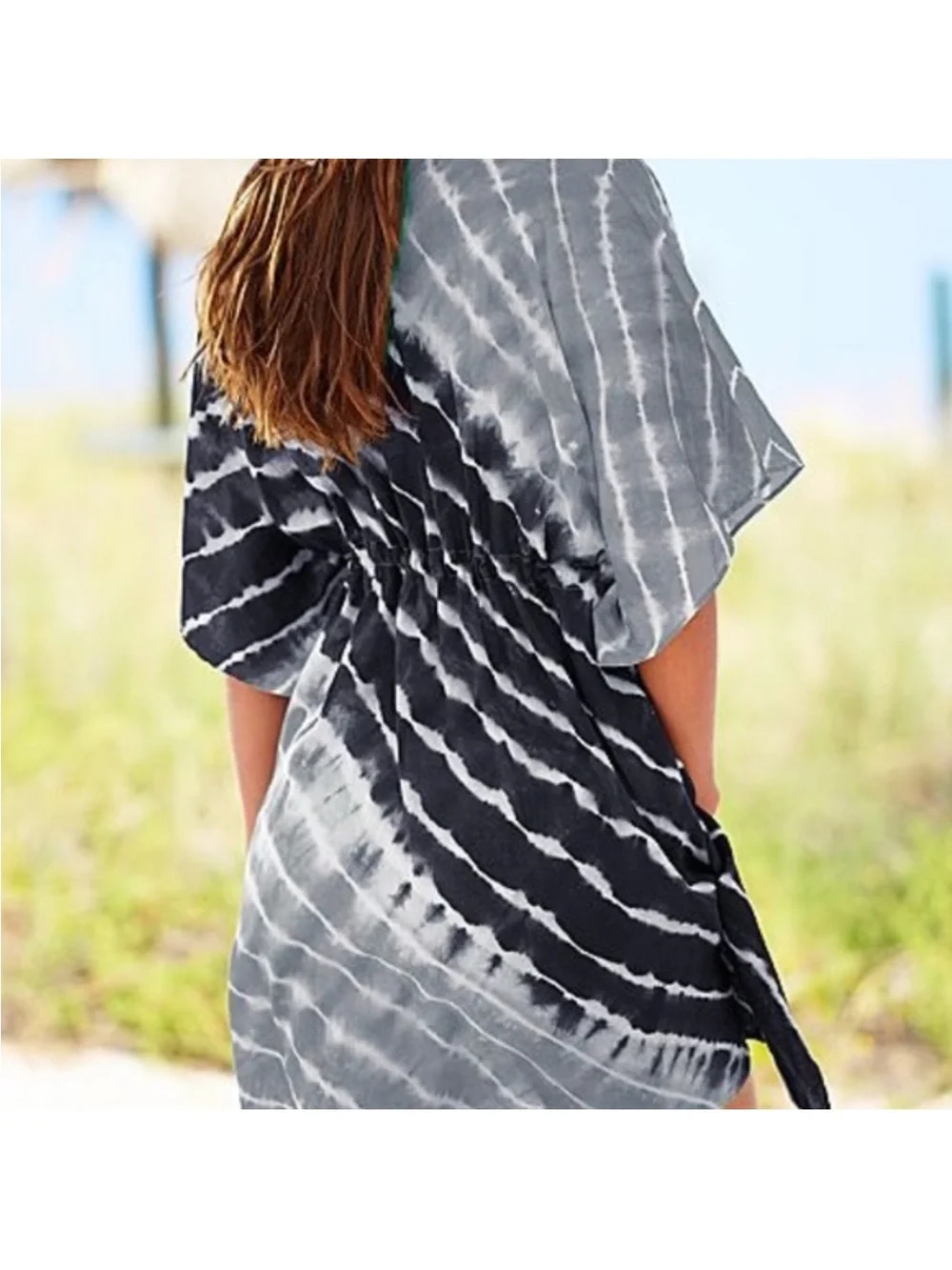 Venus Black & White Tie-Dye V-Neck Cotton Cover-Up Top One Size Fits All